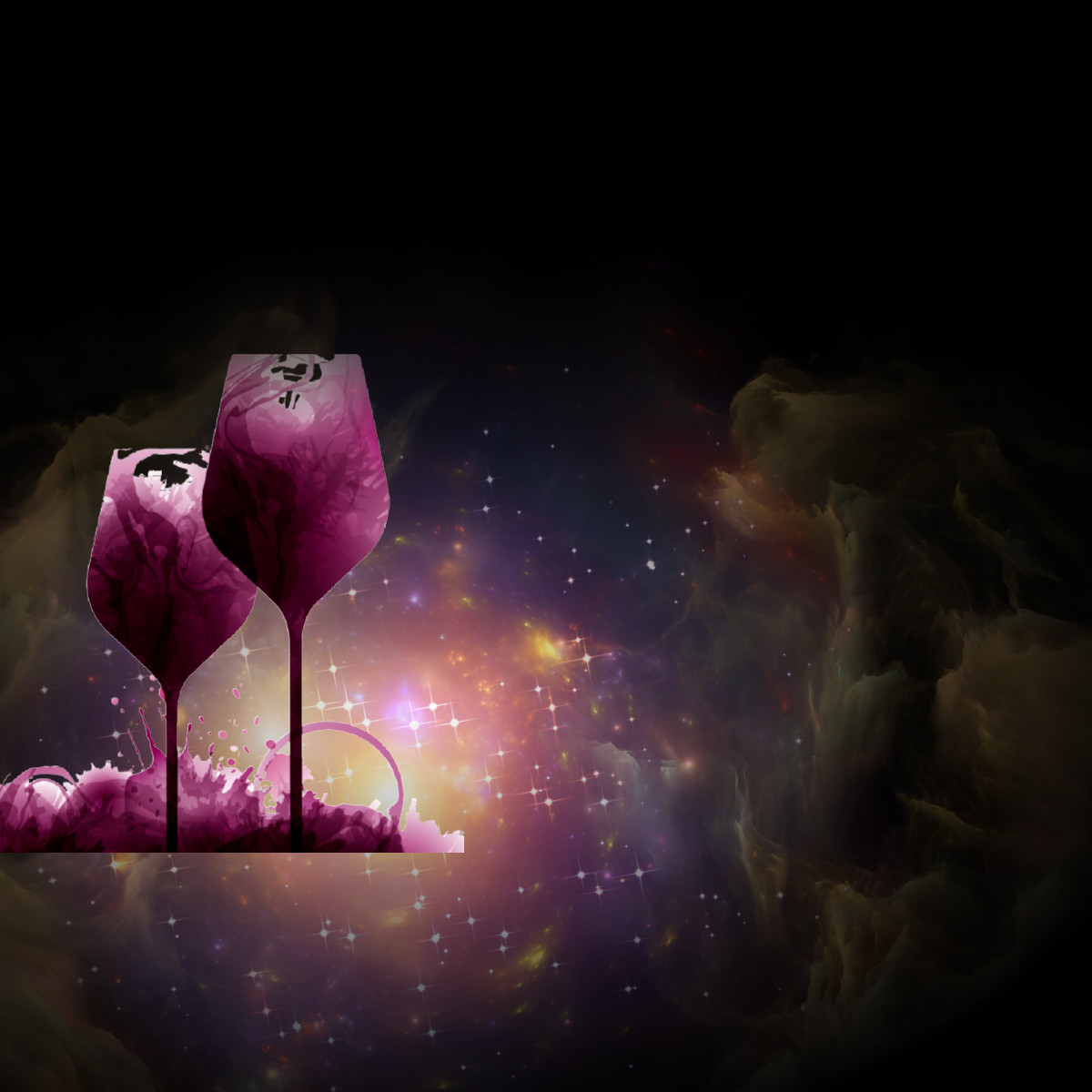 Two wine glasses with a cosmic starry background.