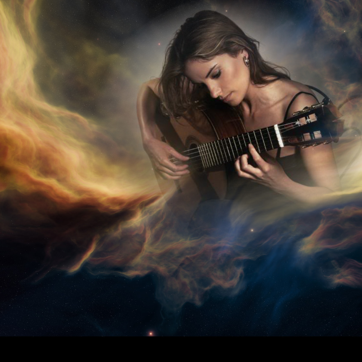 Woman playing an acoustic guitar with a cosmic backdrop.