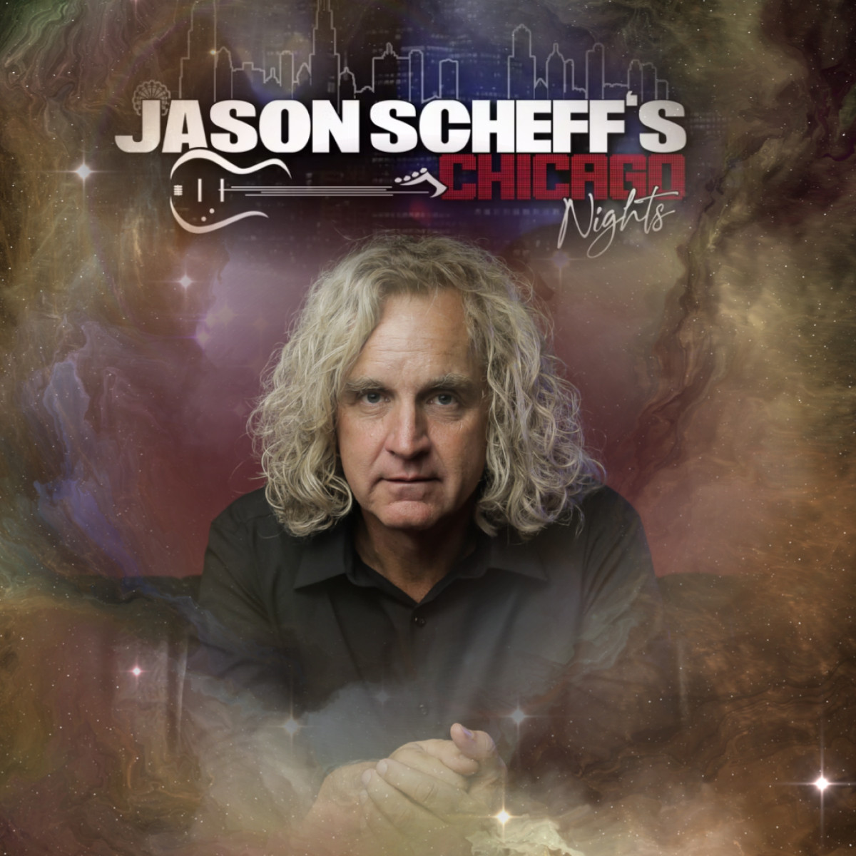 Promotional image for "Jason Scheff's Chicago Nights" with city skyline and cosmic background.