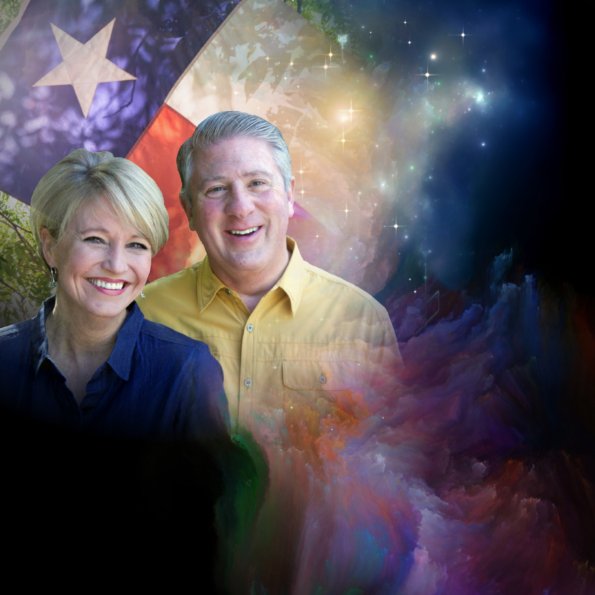 Smiling couple in front of a Texas flag and cosmic background.