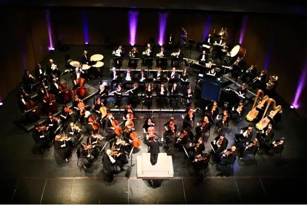 Aerial view of an orchestra performing.