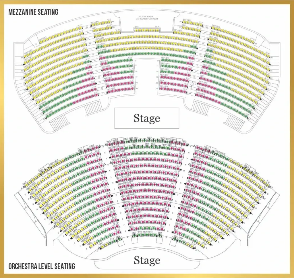 Seating chart for concert hall with color-coded sections.